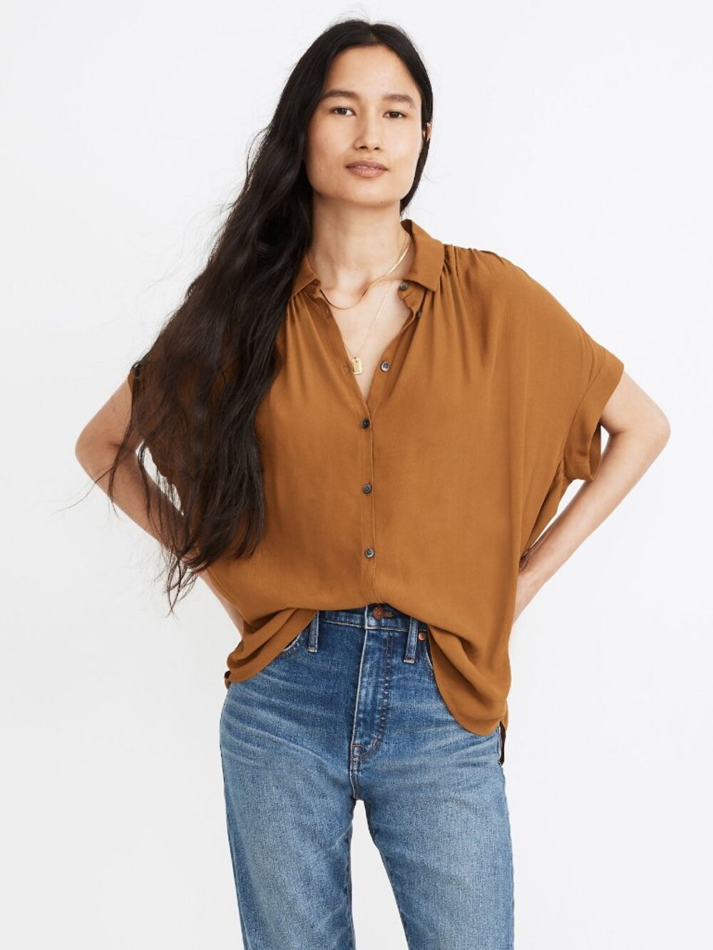 Madewell Central Drapey Shirt Size XS Dark Tobacco Brown Oversized Short Sleeve